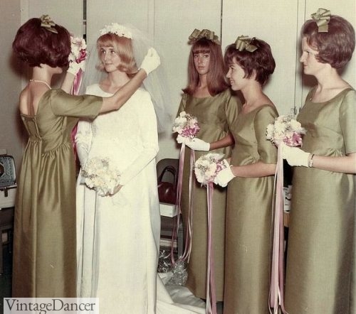 60s brides and bridesmaids olive green dresses