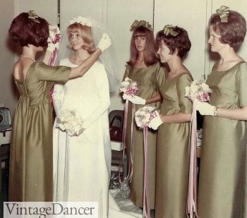 Late 1960s olive green bridesmaid dresses with matching headbands