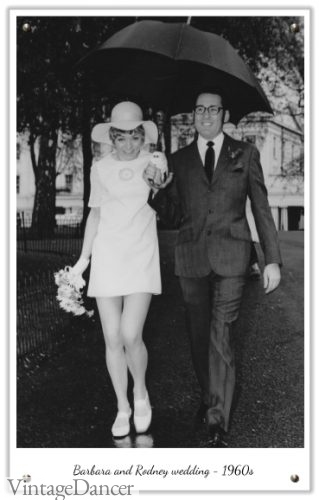Late 1960s short midi wedding dress and floppy hat