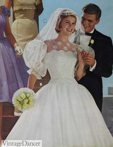 1960 puff sleeve wedding dress swing dress 1950s white gown with veil