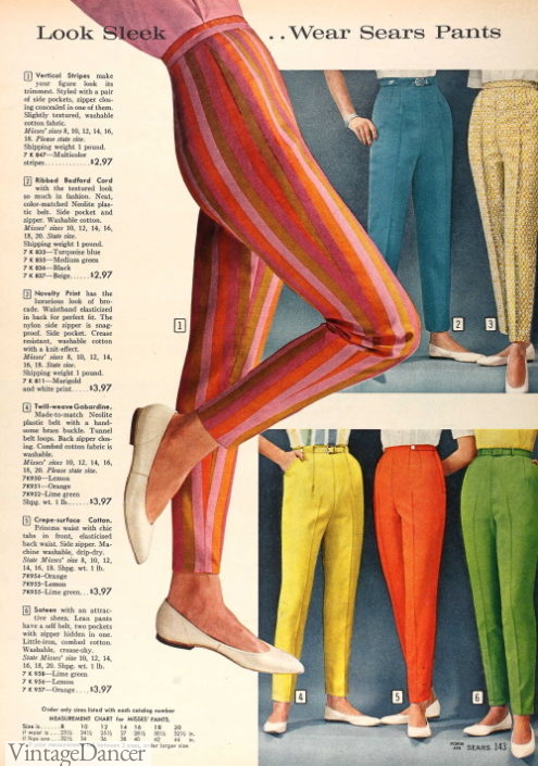 1960s women's pants, striped and bright colored tapered fit pants