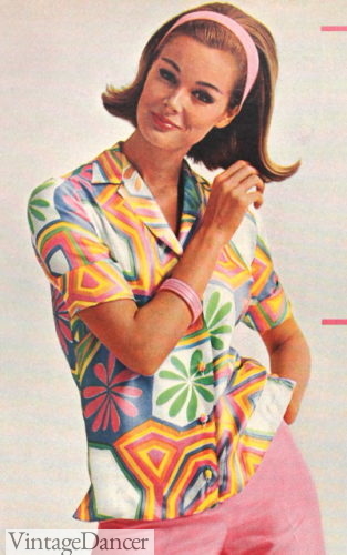 1963 hippie print roll sleeve shirt blouse