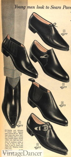 1963 mens shiny black mod shoes with pointy toes