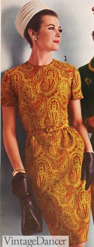 1963 yellow and orange paisley sheath dress