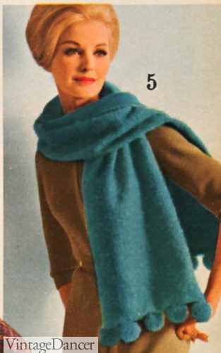 1963 pom pom teal fuzzy scarf 1960s