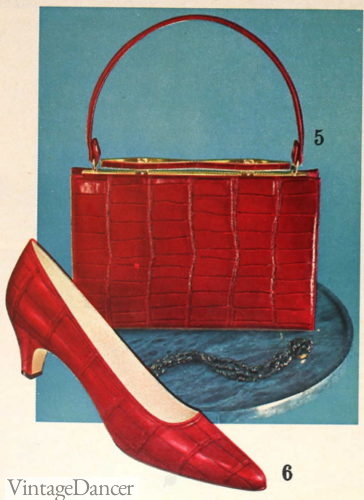 1963 red alligator skin frame bag and shoes
