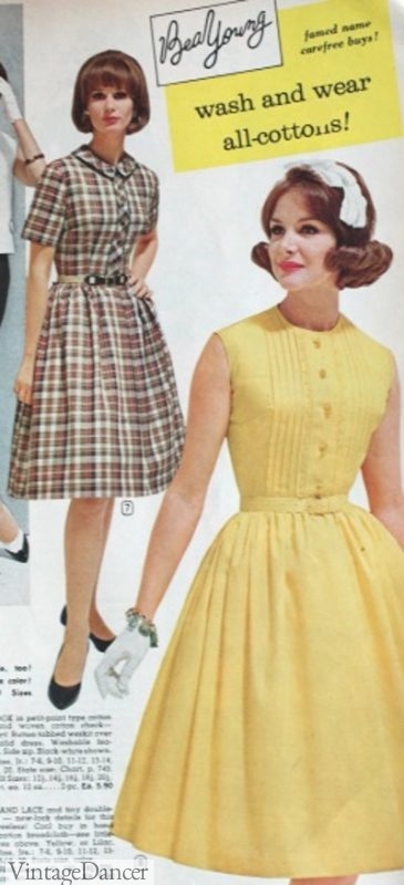 1964 yellow summer dress and plaid shirtwaist dress