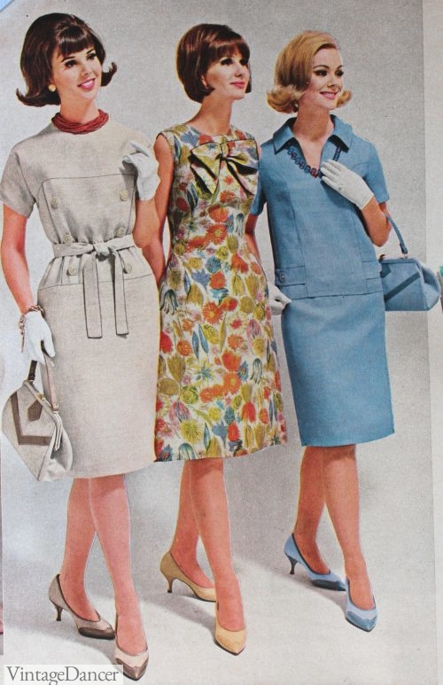 1964 transition dress with gloves, heels, and purses