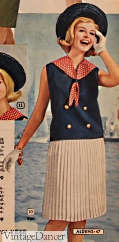 1964 pleated skirt dress with sailor tops nautical dress 60s fashion summer