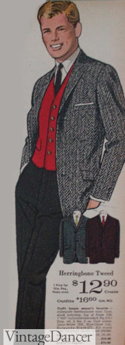 1964 mens fashion Ivy League chevron wool sport coat over a red vest with black trousers