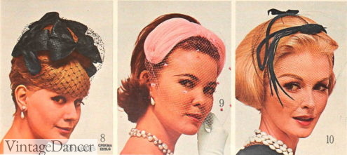 1960s women Non-hat whimsies and hair clips made of net and feathers 1964