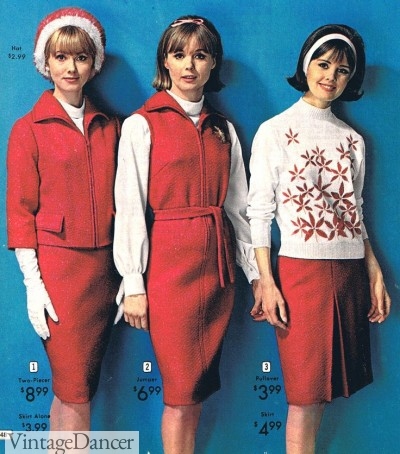 1964 red outfits suit skirt dress sweater
