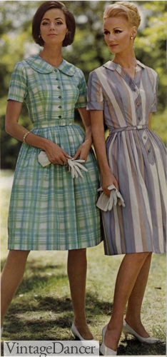 1965 plaid and stripe shirtwaist dress with shorter, hemline, small skirts, and sleeves