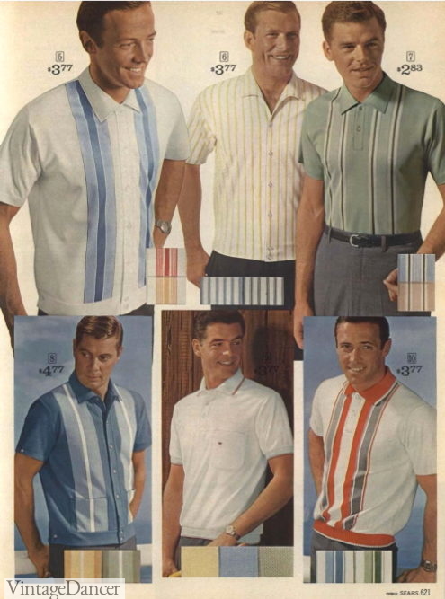 1960s men outfits, clothes, -  Vertical Stripe Panel Mens Shirts camp bowling retro