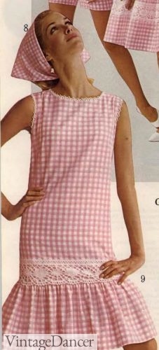 1965 pink gingham drop waist dress