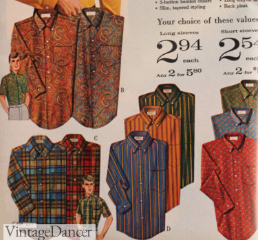 1967 young men's paisley, plaid, striped and small floral print shirts