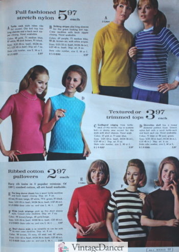 1967 solid and striped short and long sleeve knit tops with mock necks