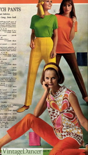 1960s bright stretch pants and loose tops trippy hippie outfits