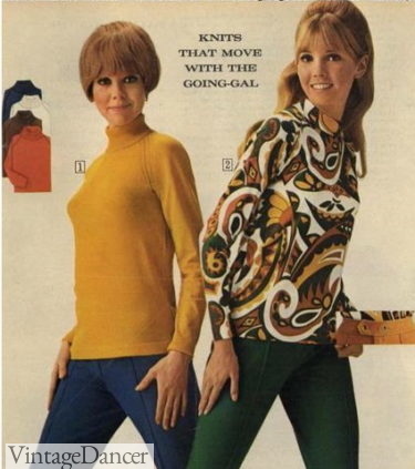 1968 solid and paisley turtleneck shirts women 60s