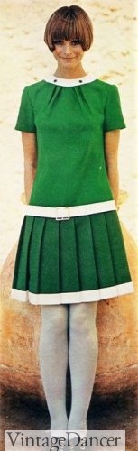 1960s Green mod dress with white belt and hem