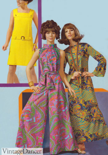 1968 hippie print jumpsuits and kaftan