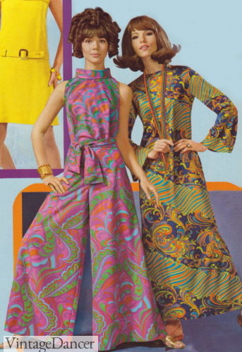 1960s jumpsuits, wide leg trippy print and hostess dress. 1968 nylon jumpsuits, gown 60s hostess pajamas