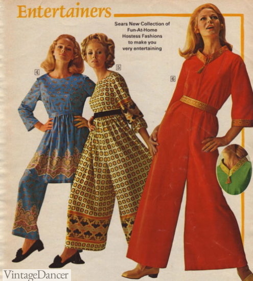 1960s Hostess jumpsuits party outfits with pants, palazzo pant, tunic tops