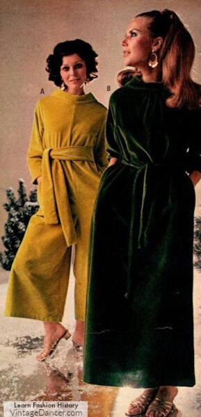 1960s velour culottes jumpsuit (gold) and robe dress (green)