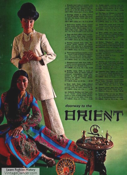 1960s hostess pajamas with Asian and Indian themes
