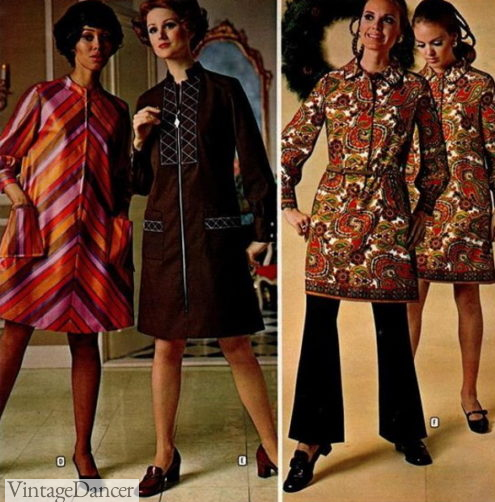 Late 60s fashion early 1970s dresses in earth tones, chevron stripes and paisley prints