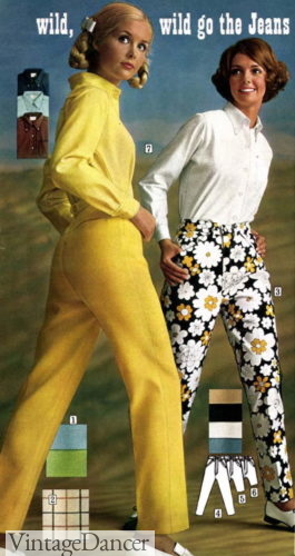 1960s pants, teen girls, yellow polyester jeans and daisy print denim jeans 60s hippie fashion
