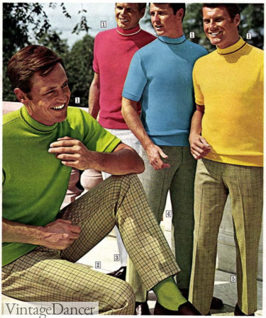 60s men outfits - 1969 men mock neck shirts and pattern pants