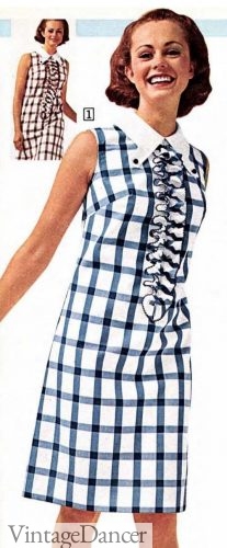 1960s check dress 1969 ruffled front skimmer dress checks plaid