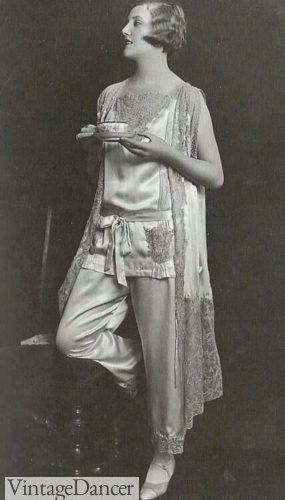 1929 lace trim pajamas with robe at VintageDancer