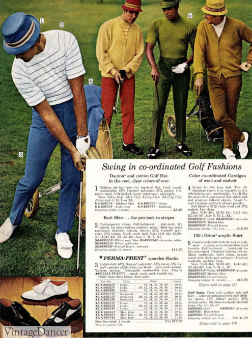 The 1960s mens golfers outfit, casual 60s guys outfits - cardigan sweaters, knit shirts, colored trousers, white or two tone shoes and bucket hats