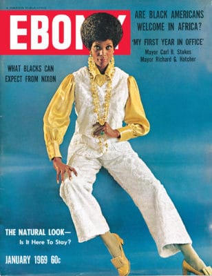 1960s black woman on cover f Ebony magazine wearing a hostess pant set outfit