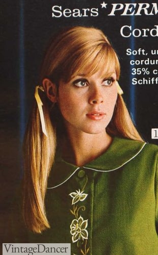 1969 long straight hair with ribbon side pony-tails