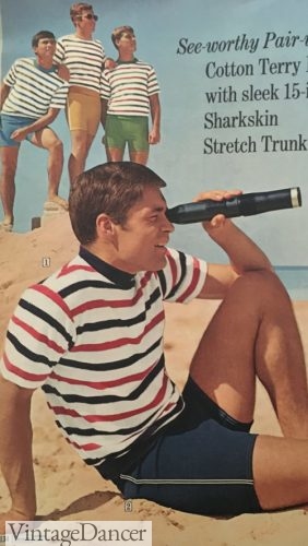 1960s guys swimwear and T shirts 1969 mock neck stripe shirts and knit swim shorts 1960s beach clothes