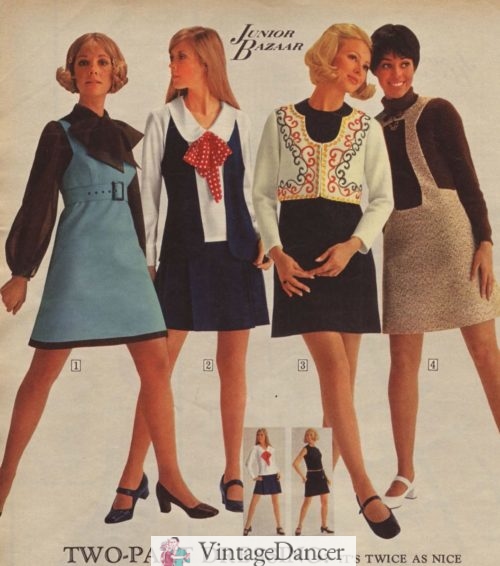 1969=short jumper styles dresses with big bow blouses and neckties worn by teens