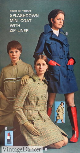 women hippie 1969 denim-look or plaid check rain trench coats