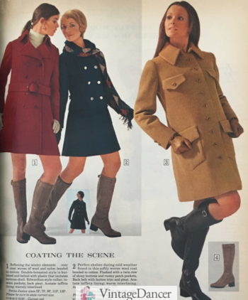 1970 coats over short dresses with tall boots