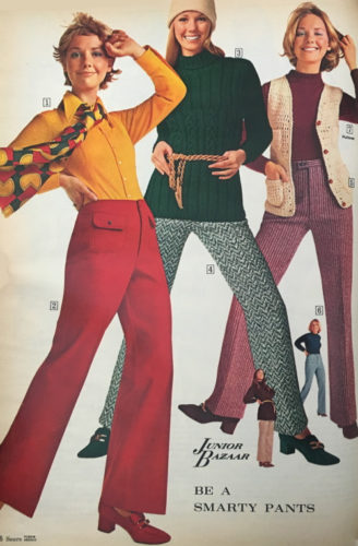 1970 fall winter outfits fashion 70s, wool pants, blouses or knit tunic tops, fur vest and silk scarves