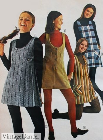 1970 jumper dresses over turtleneck shirts
