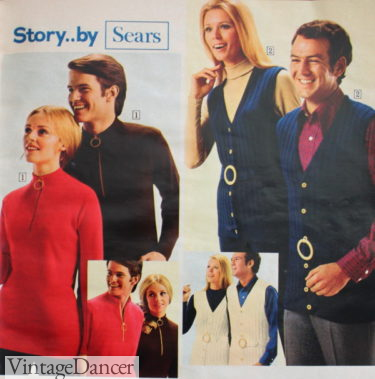 1970 matching couples zip sweaters and belted sweater vests