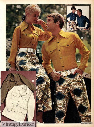 vintage matching couple outfits retro 1970s 1970 western inspired shirts and matching flare jeans with safari jackets