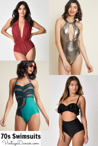 1970s style swimsuits, 70s bathing suits, retro bikini and one piece swimwear at Vintagedancer