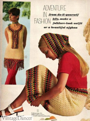1971 crochet afghan skirt, scarf and tunic 1970s fashion outfit ideas