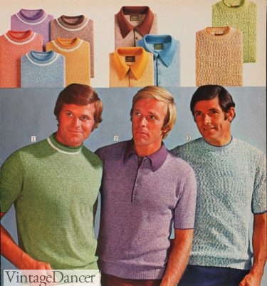 Mens mod retro 1972 mock neck and polo shirts, fuzzy
