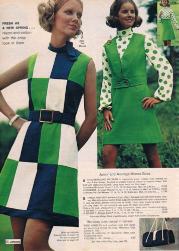 1970s mod fashion short dresses colorblock pattern in lime green 1972