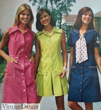 1973 1970s shirtwaist, drop waist, sailor theme mini dresses